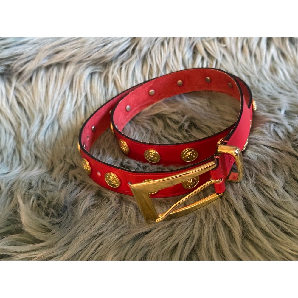 VTG The Limited Red Leather Belt with Gold Medallion Buckle Sz Medium